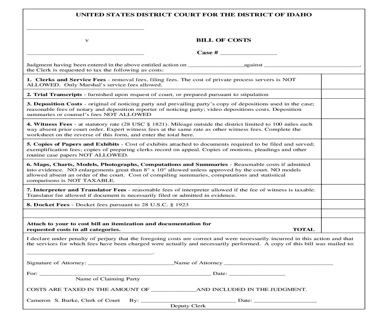 Bill Of Costs | Pdf Fpdf Doc Docx | Idaho