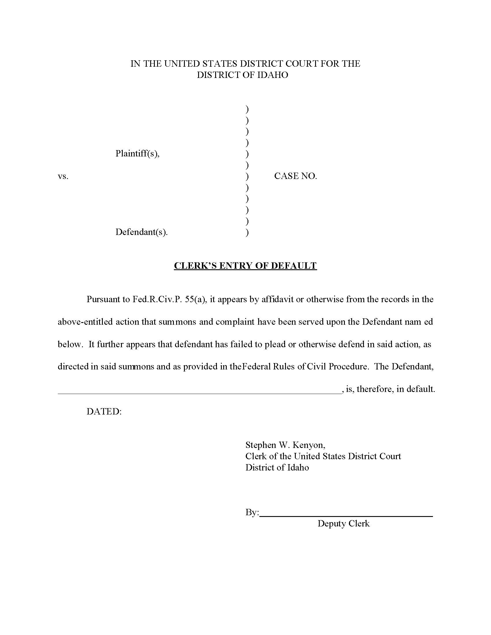 Clerks Entry Of Default | Pdf Fpdf Docx | Idaho