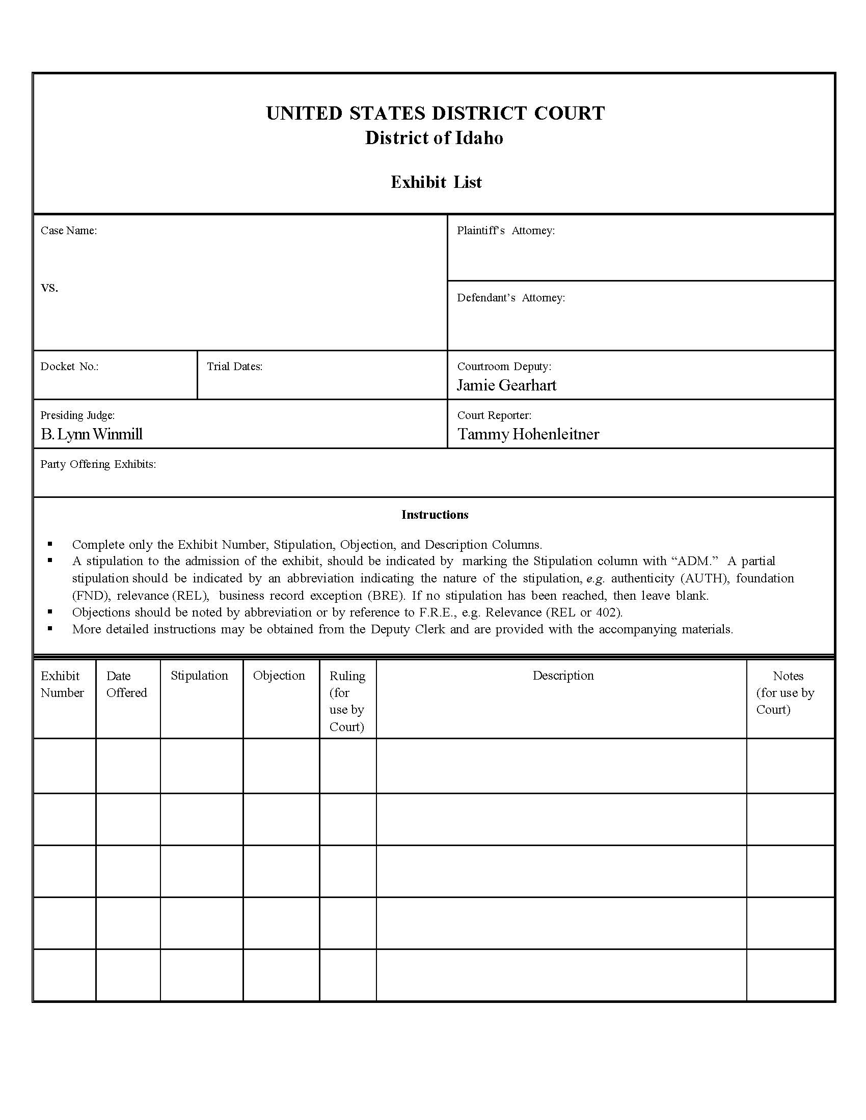 Exhibit List (Judge Winmill) | Pdf Fpdf Doc Docx | Idaho