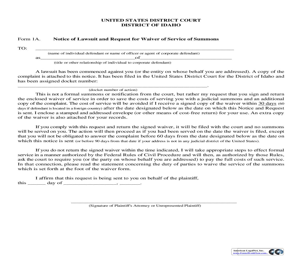 Notice Of Lawsuit And Request For Waiver Of Service Of Summons {1A-1B} | Pdf Fpdf Doc Docx | Idaho