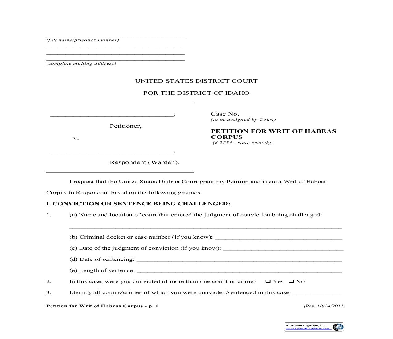 Petition For Writ Of Habeas Corpus (Prisoner) | Pdf Fpdf Doc Docx | Idaho