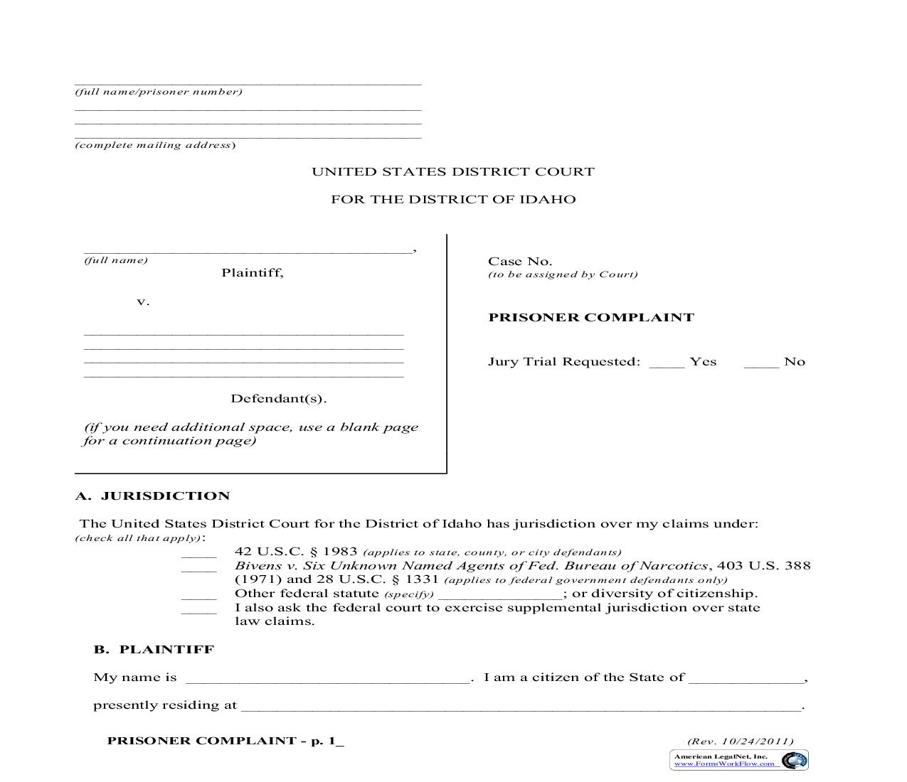 Prisoner Civil Rights Complaint | Pdf Fpdf Doc Docx | Idaho