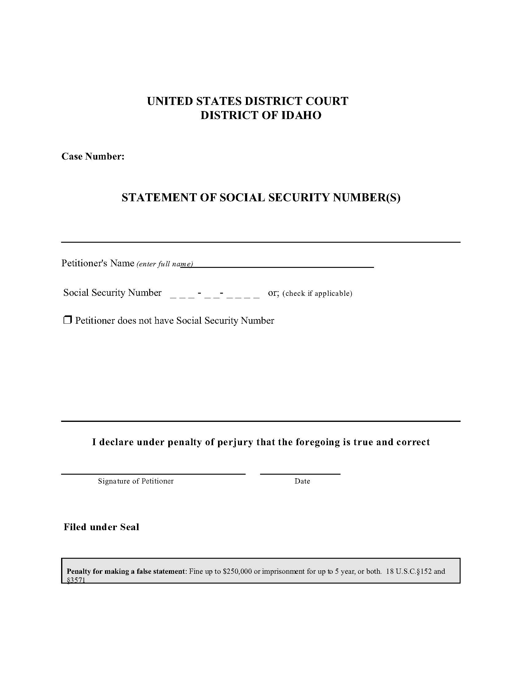 Statement Of Social Security Number(s) | Pdf Fpdf Docx | Idaho