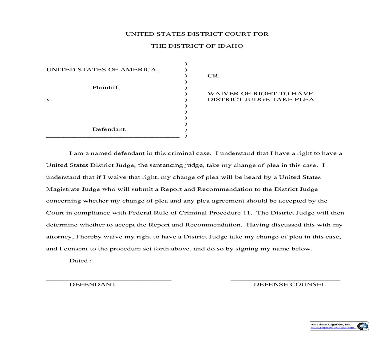 Waiver Of Rights To Have District Judge Take Plea | Pdf Fpdf Doc Docx | Idaho