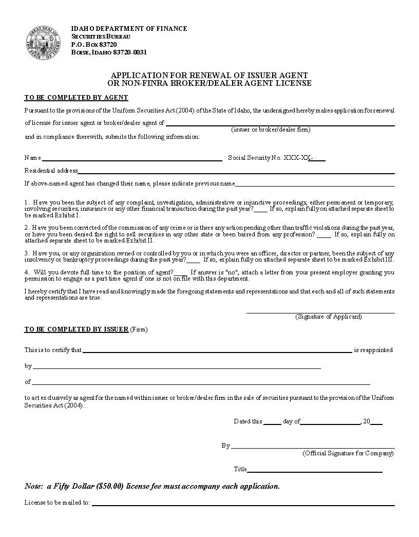 Application For Renewal Of Issuer Agent Or Non Finra Broker Dealer Agent License | Pdf Fpdf Doc Docx | Idaho