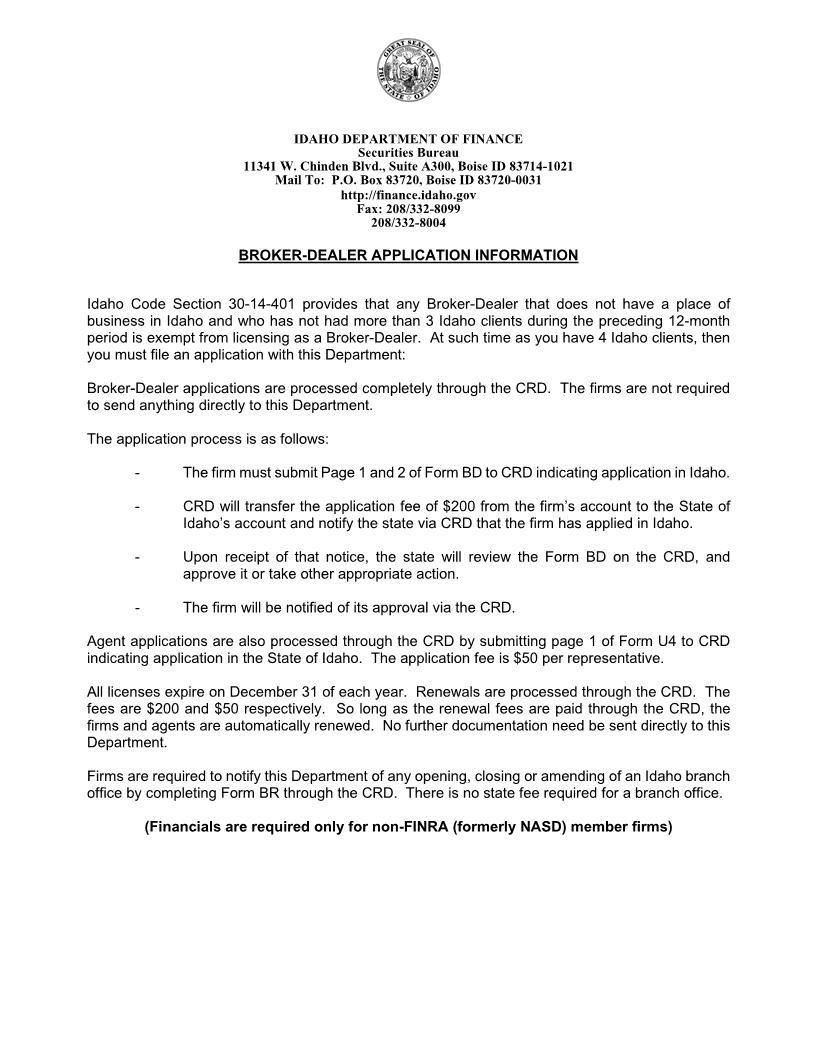 Broker Dealer Application Information {BDAI} | Pdf Fpdf Doc Docx | Idaho