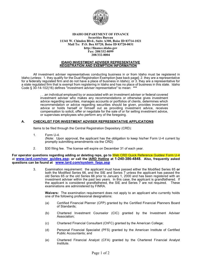 Idaho Investment Adviser Representative Registration {IAAC} | Pdf Fpdf Doc Docx | Idaho