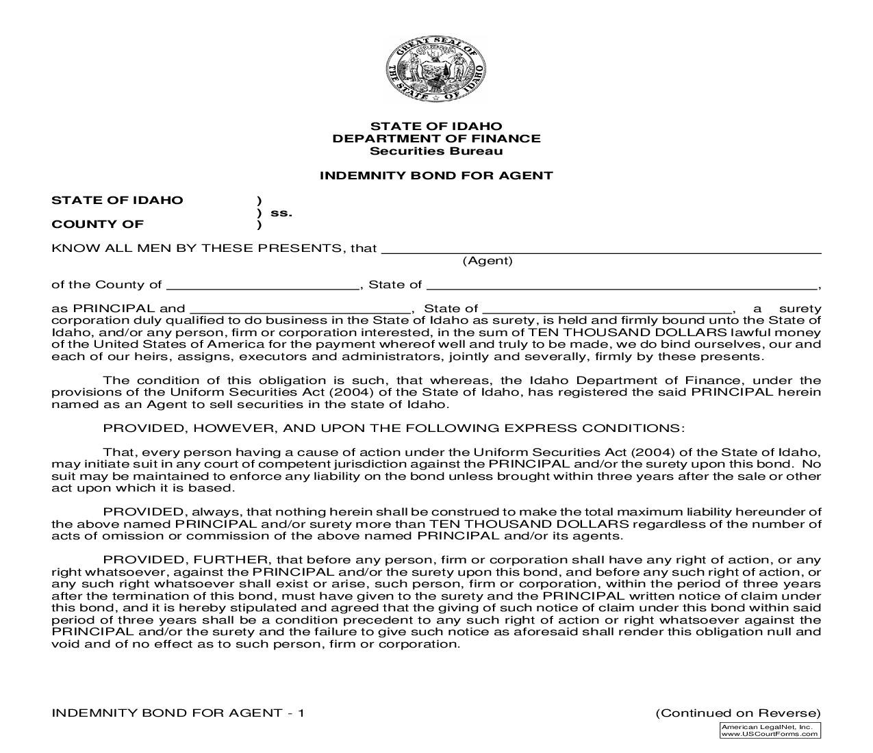 Indemnity Bond For Agent | Pdf Fpdf Doc Docx | Idaho