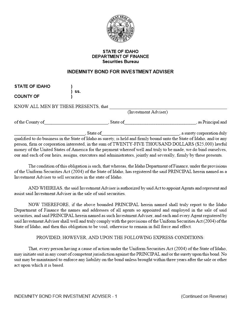 Indemnity Bond For Investment Adviser | Pdf Fpdf Doc Docx | Idaho