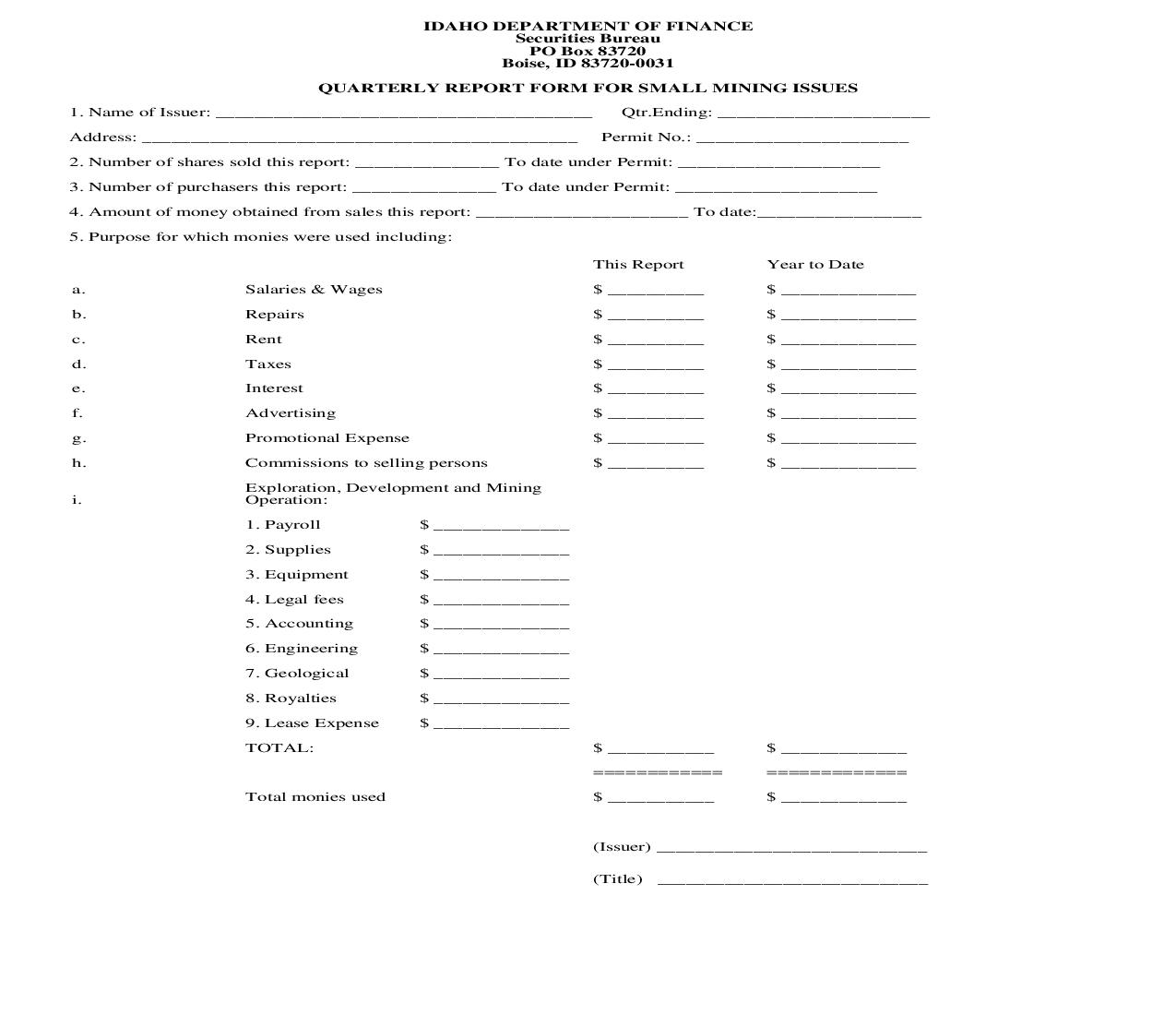 Quarterly Report Form For Small Mining Issues | Pdf Fpdf Doc Docx | Idaho