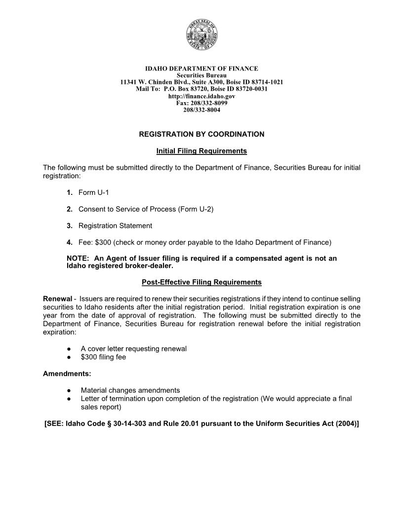 Registration By Coordination Filing Requirements | Pdf Fpdf Doc Docx | Idaho