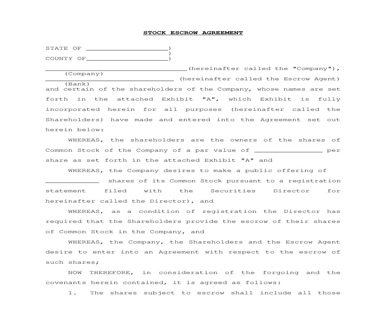 Stock Escrow Agreement | Pdf Fpdf Doc Docx | Idaho