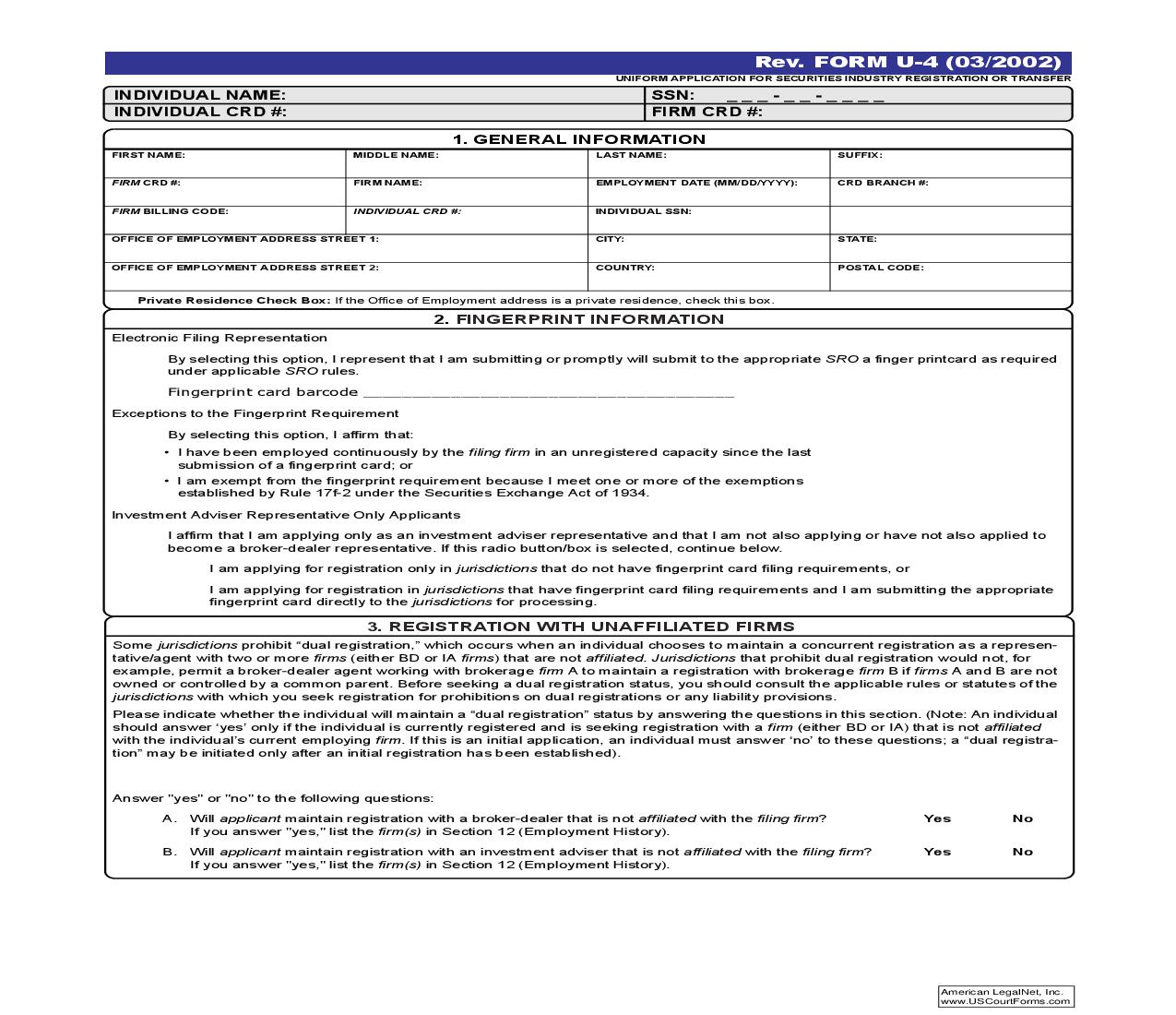 Uniform Application For Securities Industry Registration Or Transfer {U-4} | Pdf Fpdf Doc Docx | Idaho