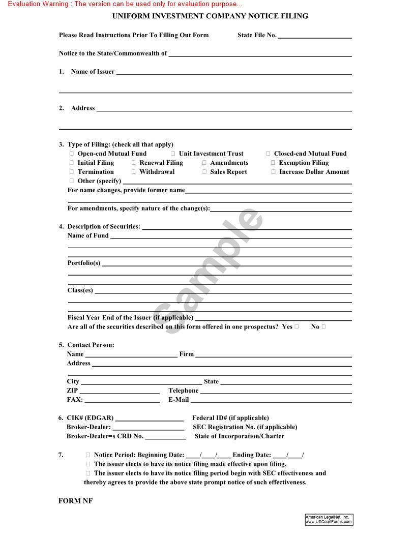 Uniform Investment Company Notice Filing {NF} | Pdf Fpdf Doc Docx | Idaho