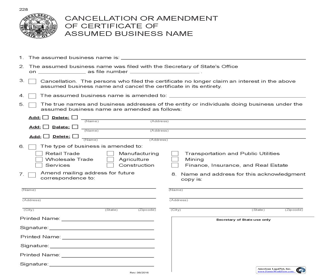 Cancellation Or Amendment Of Certificate Of Assumed Business Name {228} |  | Idaho