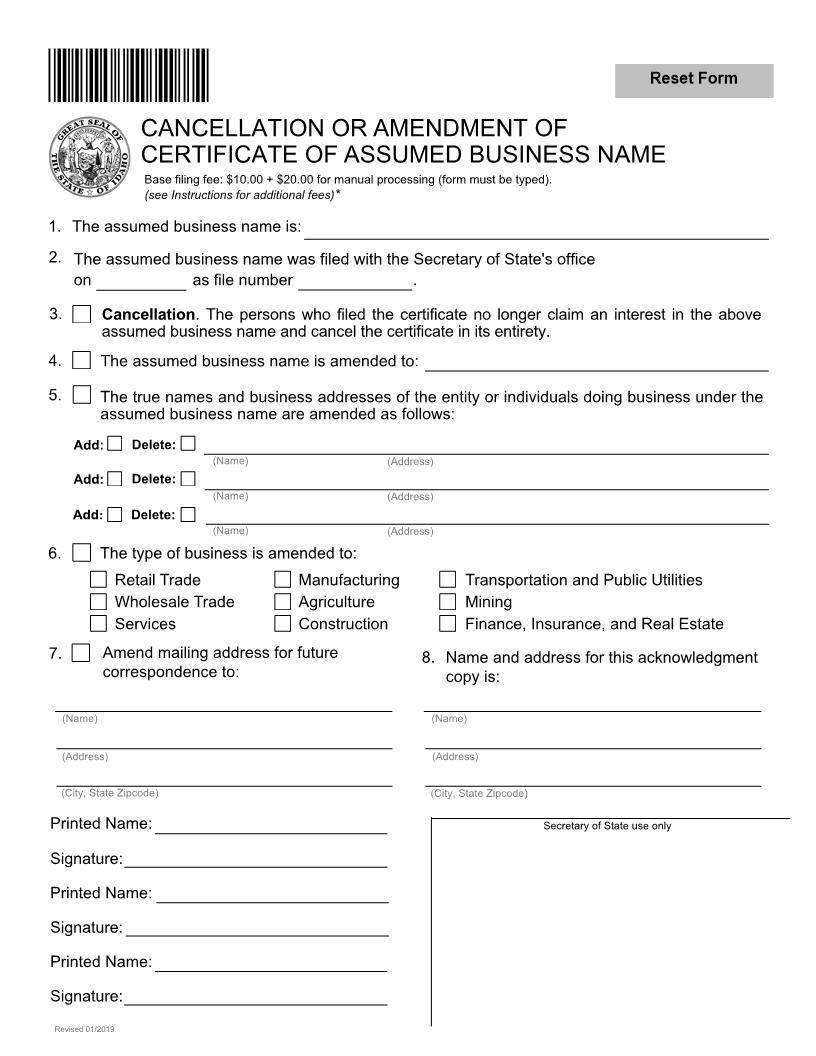 Cancellation Or Amendment Of Certificate Of Assumed Business Name | Pdf Fpdf Docx | Idaho