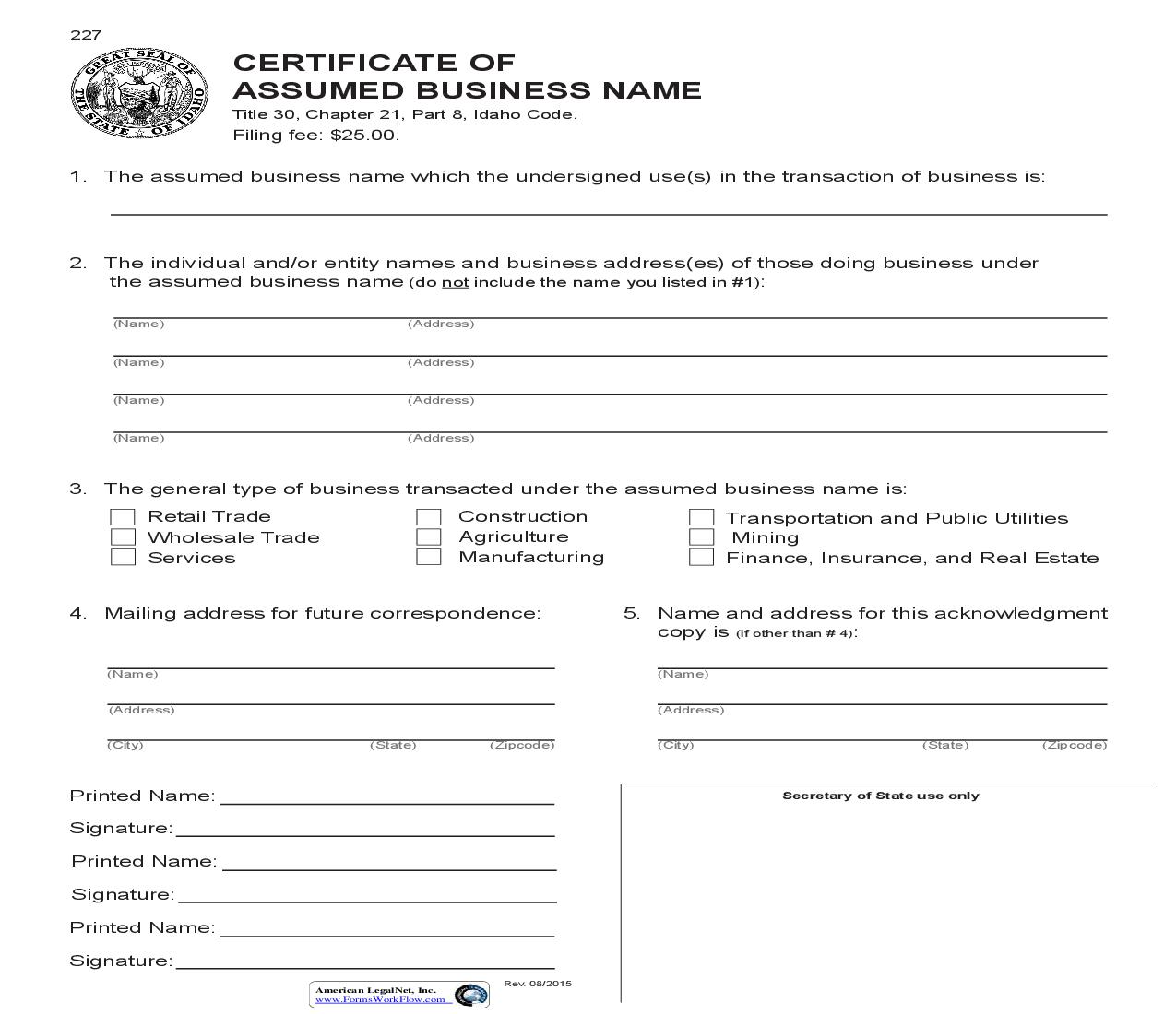 Certificate Of Assumed Business Name {227} |  | Idaho