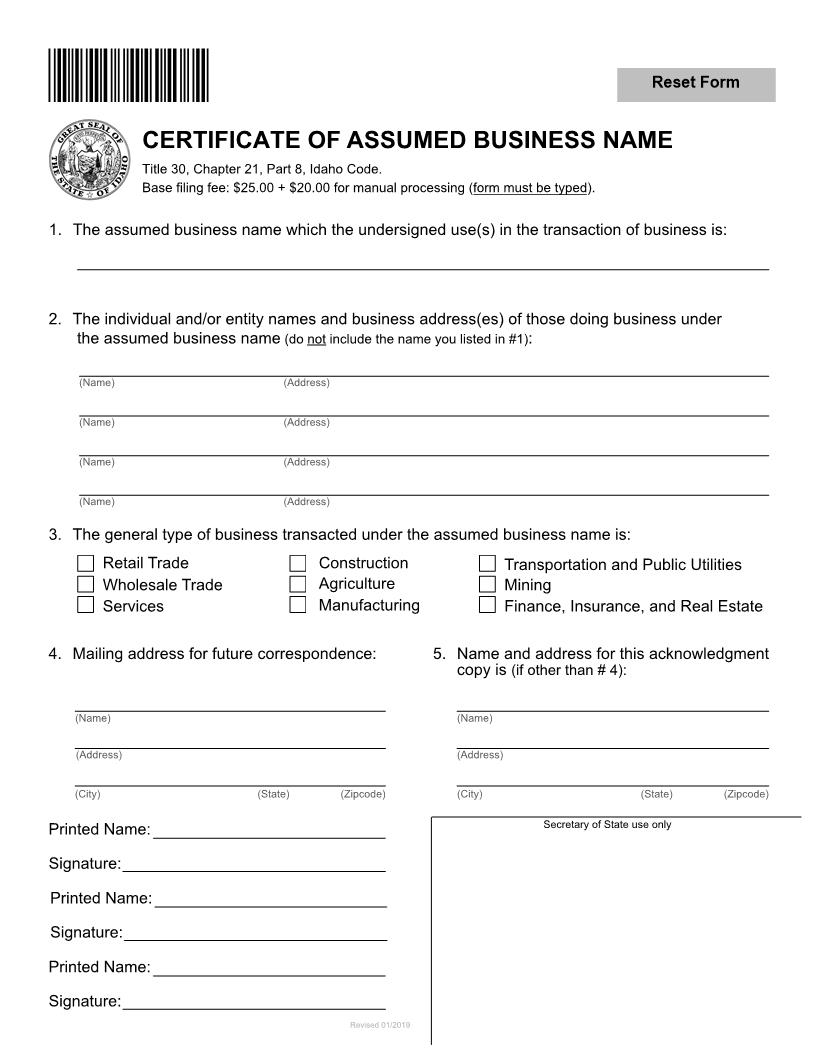 Certificate Of Assumed Business Name | Pdf Fpdf Docx | Idaho