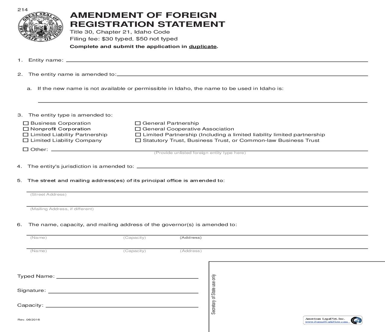 Amendment Of Foreign Registration Statement {214} |  | Idaho