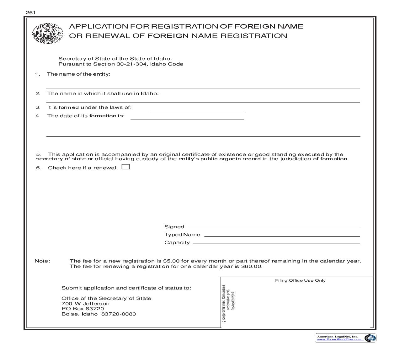 Application For Registration Of Foreign Name Or Renewal Of Foreign Name Registration {261} |  | Idaho