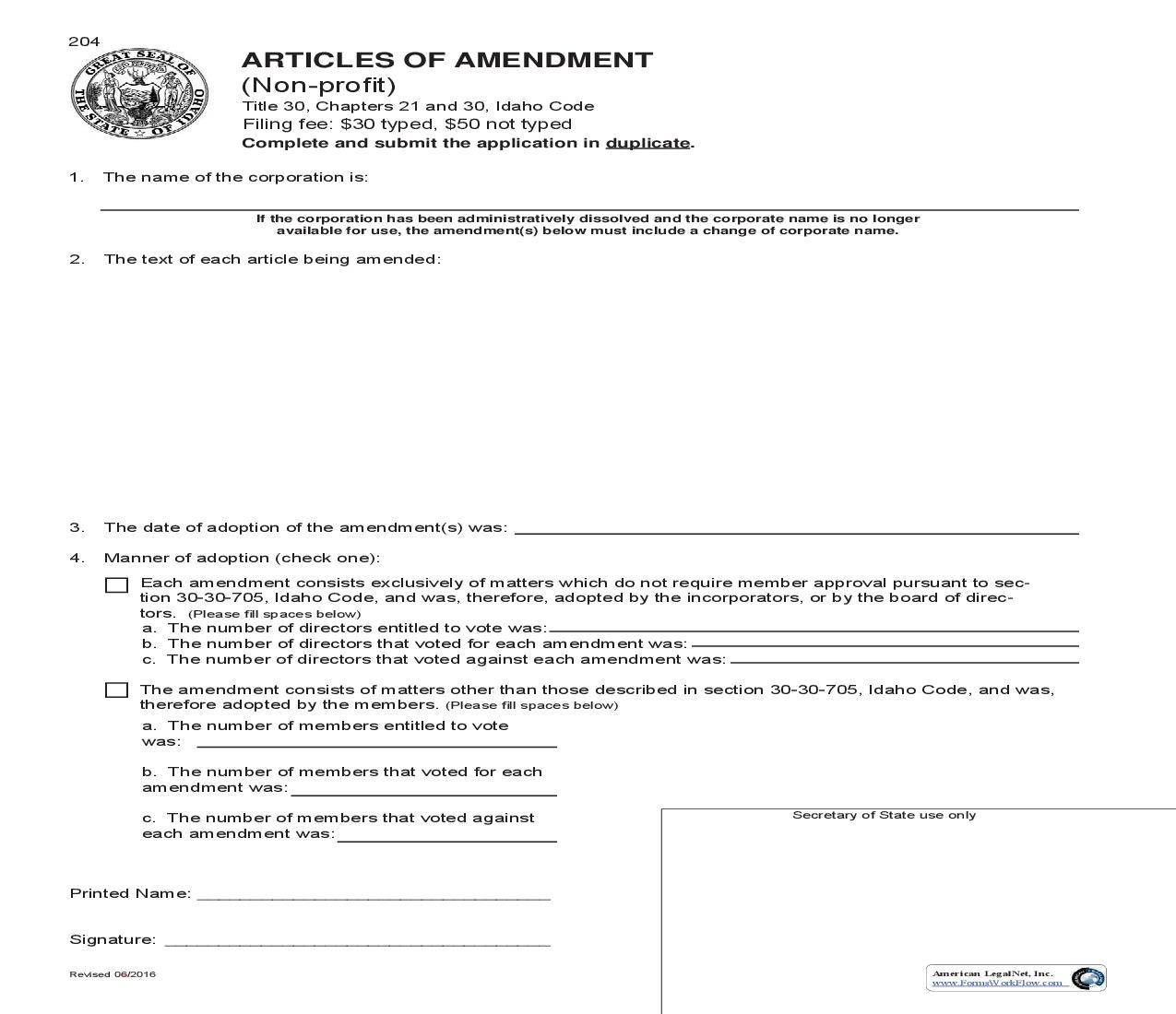 Articles Of Amendment (Domestic Nonprofit Corp) {204} |  | Idaho