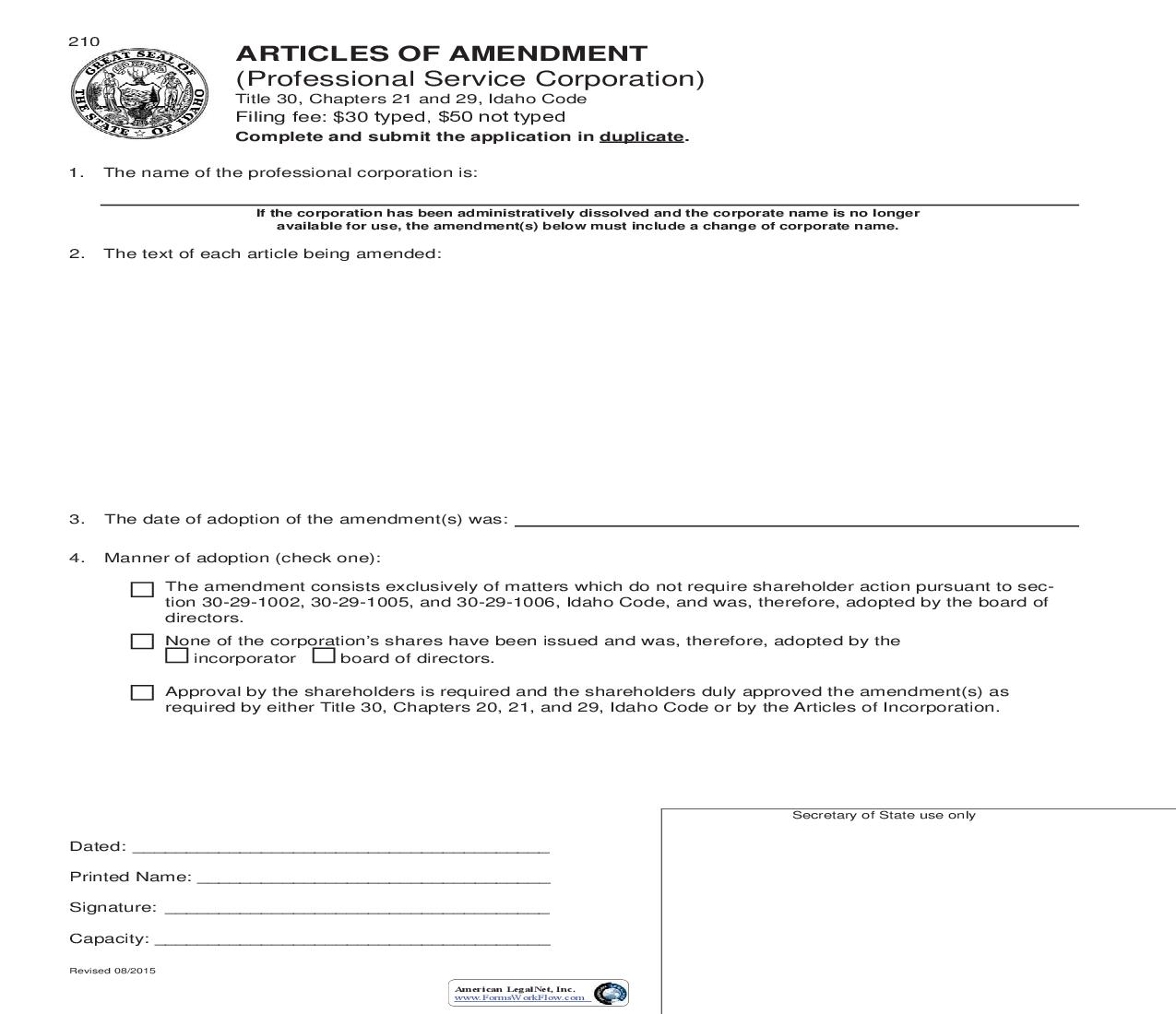 Articles Of Amendment (Domestic Professional Service Corp) {210} |  | Idaho