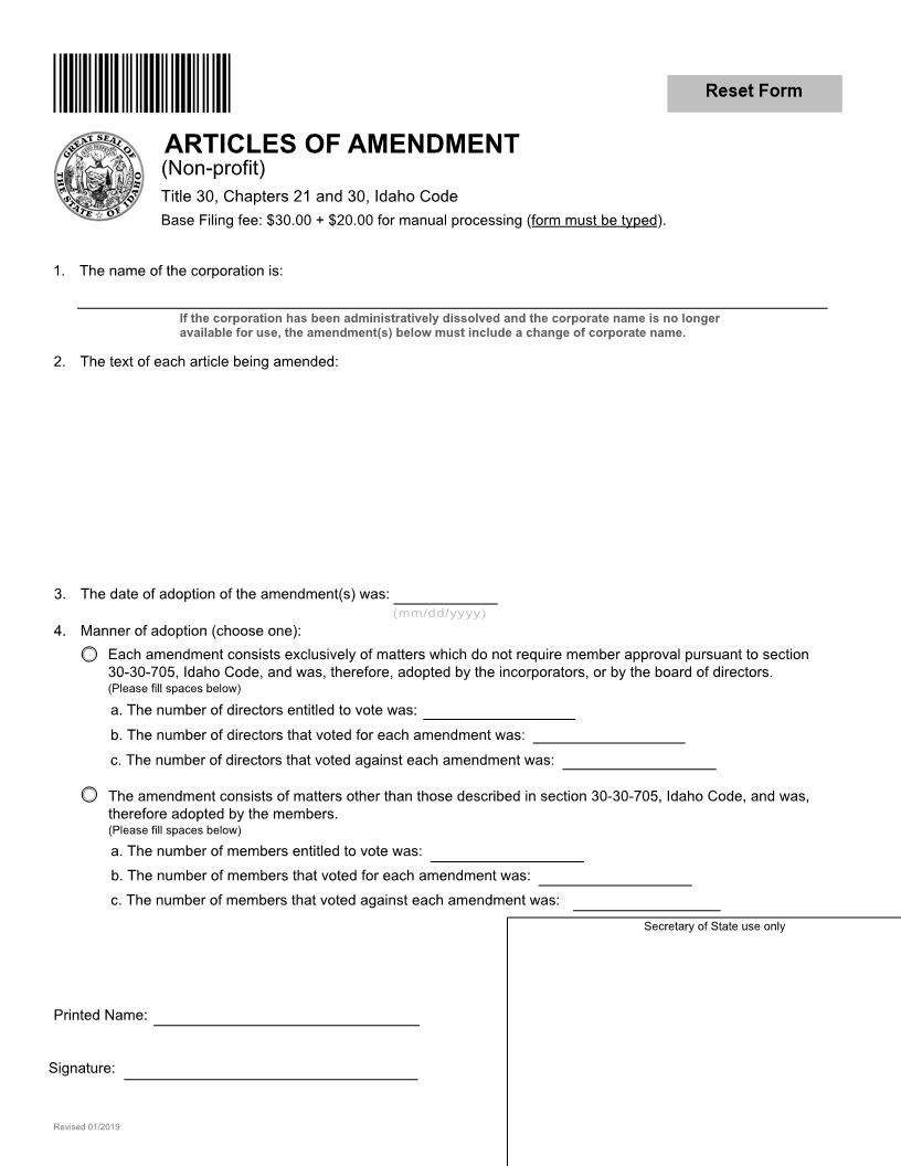Articles Of Amendment Non Profit | Pdf Fpdf Docx | Idaho