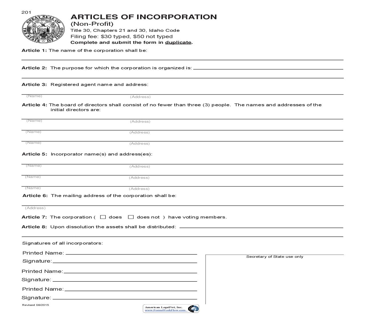 Articles Of Incorporation (Domestic Nonprofit Corp) {201} |  | Idaho