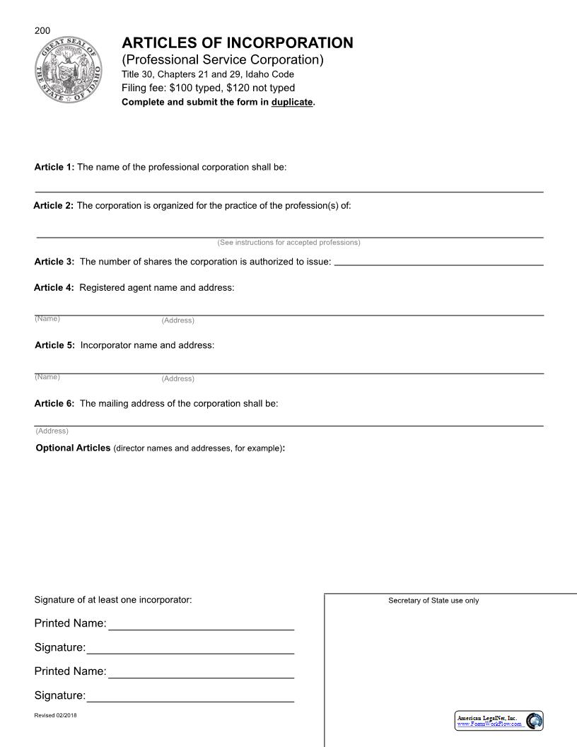 Articles Of Incorporation (Domestic Professional Service Corp) {200} |  | Idaho