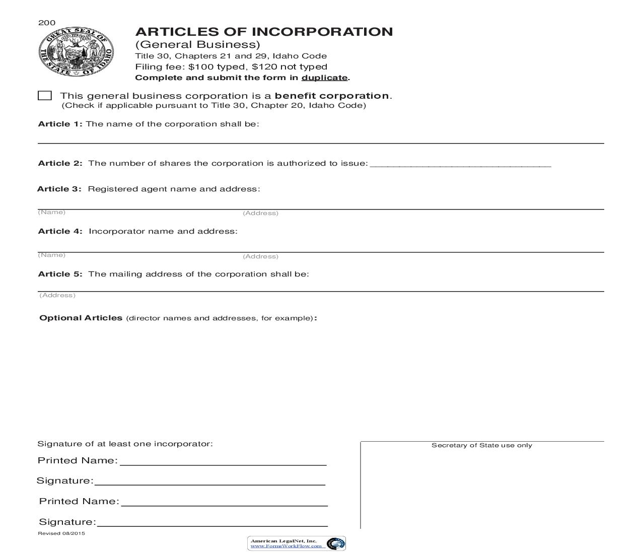 Articles Of Incorporation (General Business) {200} |  | Idaho