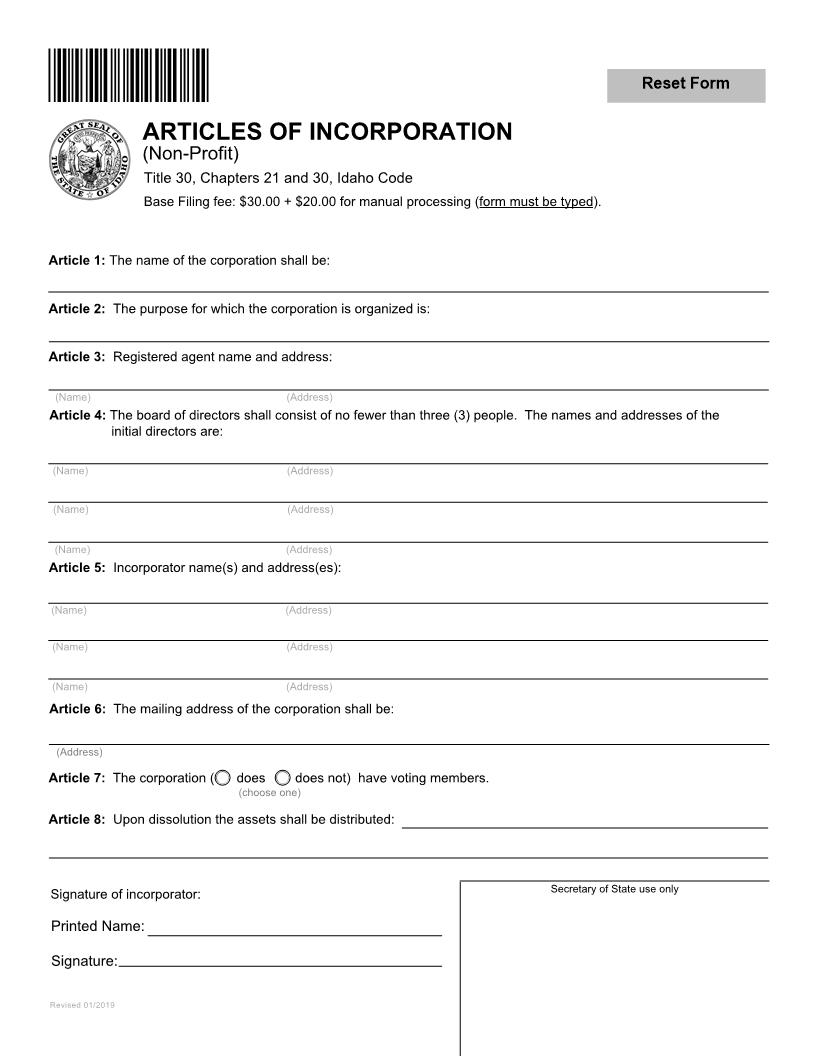 Articles Of Incorporation Domestic Non Profit Corporation | Pdf Fpdf Docx | Idaho
