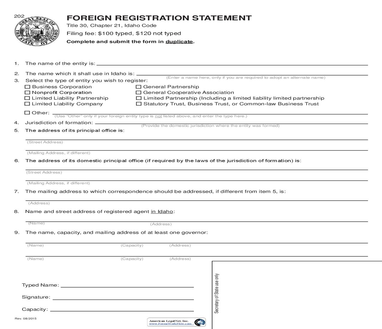 Foreign Registration Statement {202} |  | Idaho