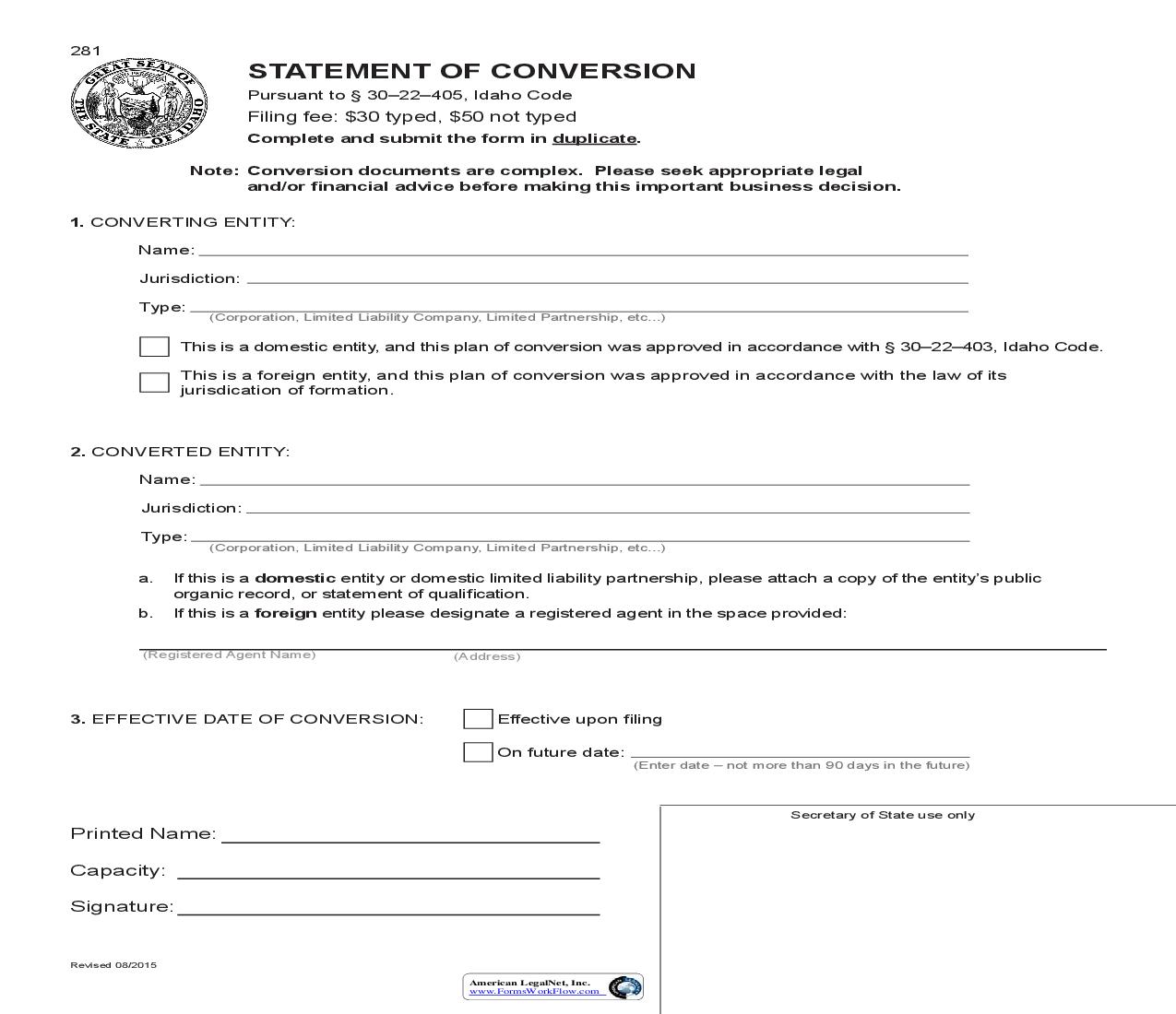 Statement of Conversion |  | Idaho