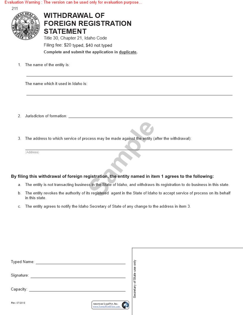 Withdrawal Of Foreign Registration Statement {211} |  | Idaho
