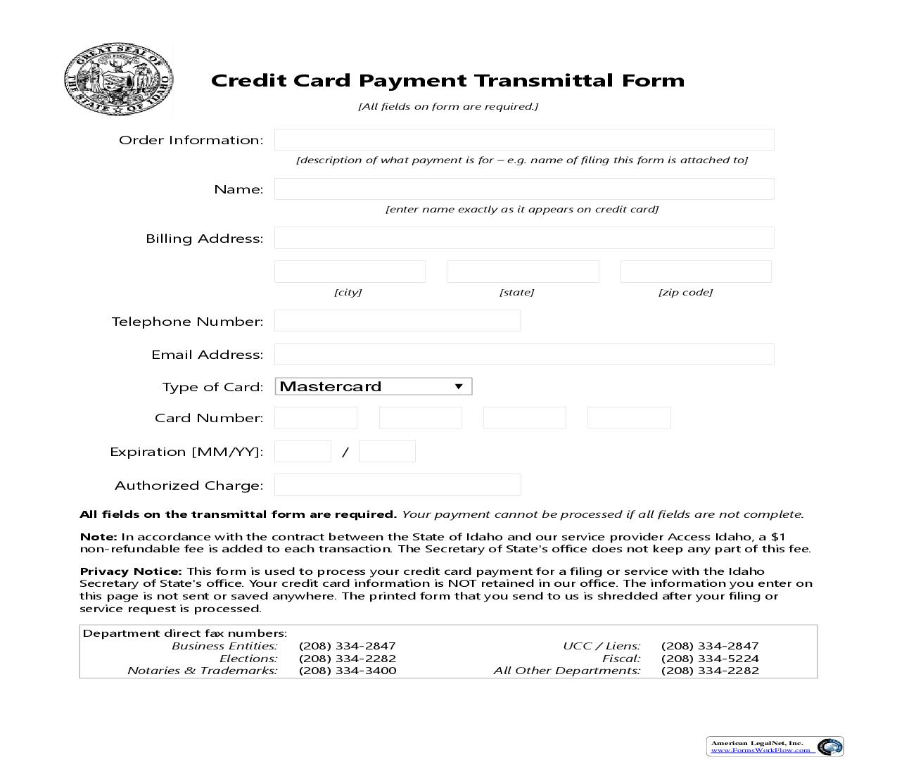 Credit Card Payment Transmittal Form |  | Idaho