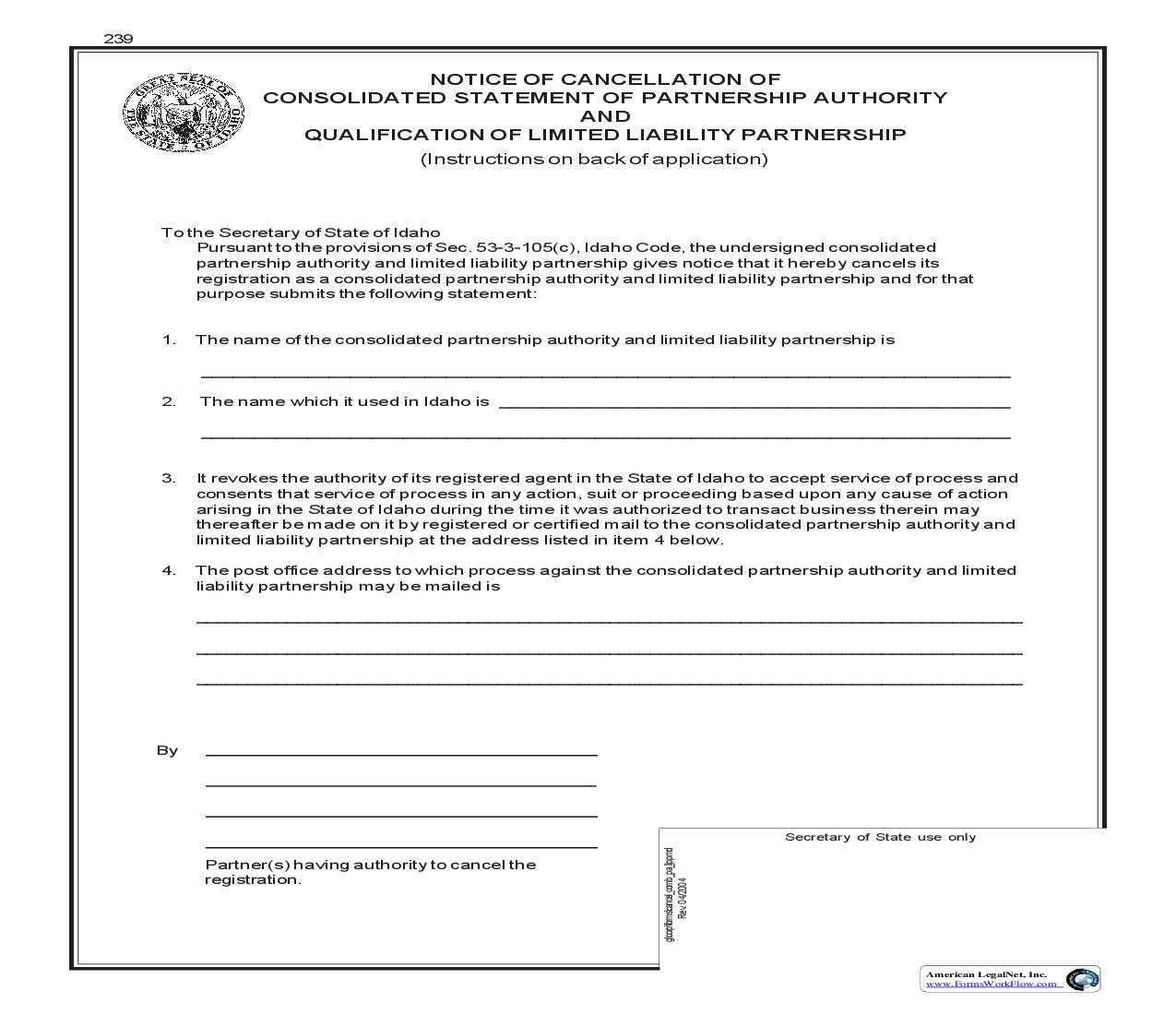 Cancellation Of Consolidated Statement Of Partnership Authority And Qualification Of LLP {239} |  | Idaho