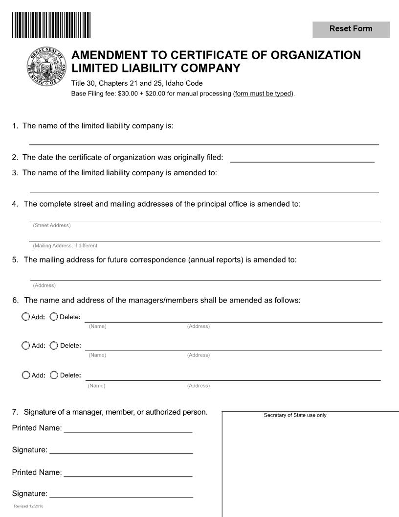 Amendment To Certificate Of Organization LLC | Pdf Fpdf Docx | Idaho