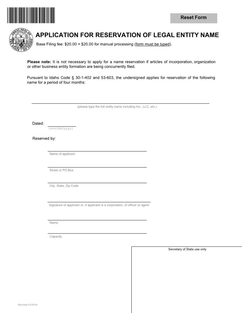 Application For Reservation Of Legal Entity Name | Pdf Fpdf Docx | Idaho