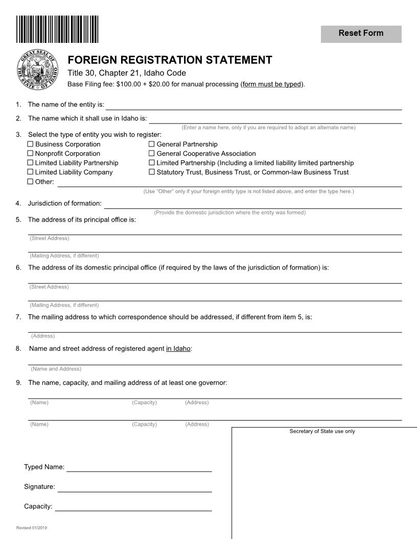 Foreign Registration Statement Foreign LLC {202} | Pdf Fpdf Doc Docx | Idaho