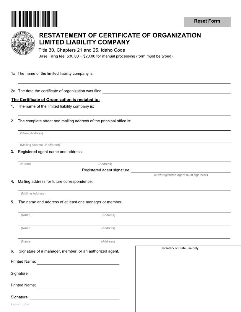 Restatement Of Certificate Of Organization LLC | Pdf Fpdf Docx | Idaho