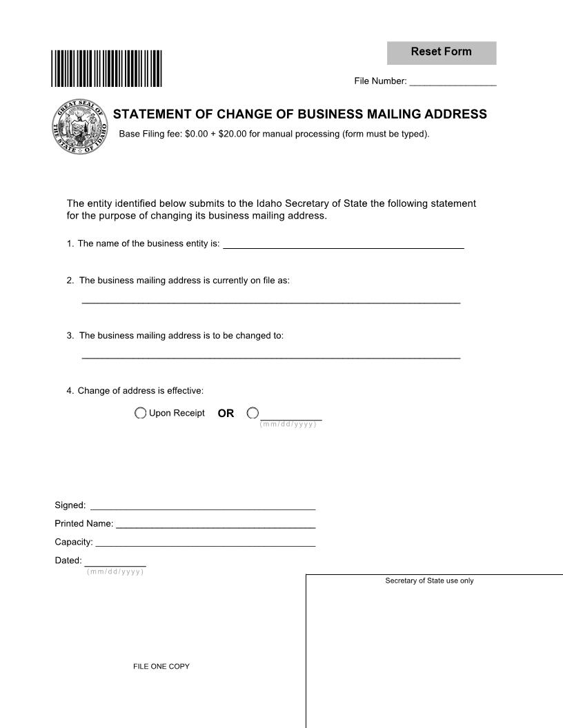 Statement Of Change Of Business Mailing Address | Pdf Fpdf Docx | Idaho