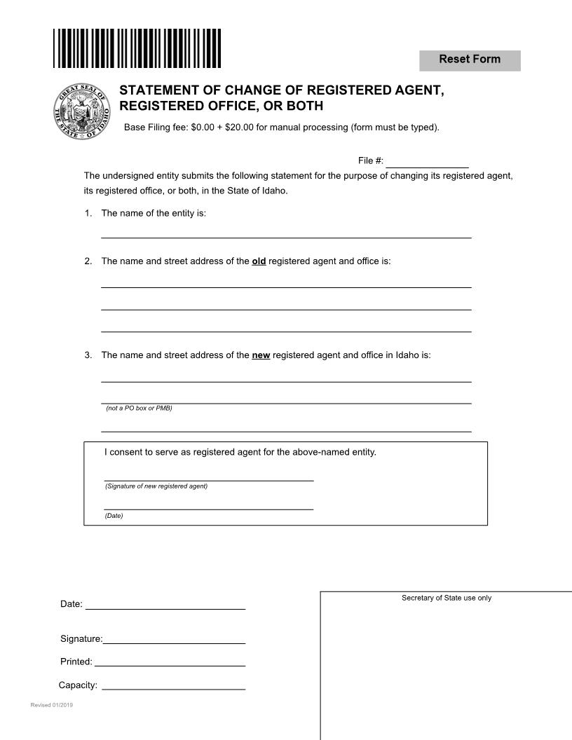 Statement Of Change Of Registered Agent | Pdf Fpdf Docx | Idaho