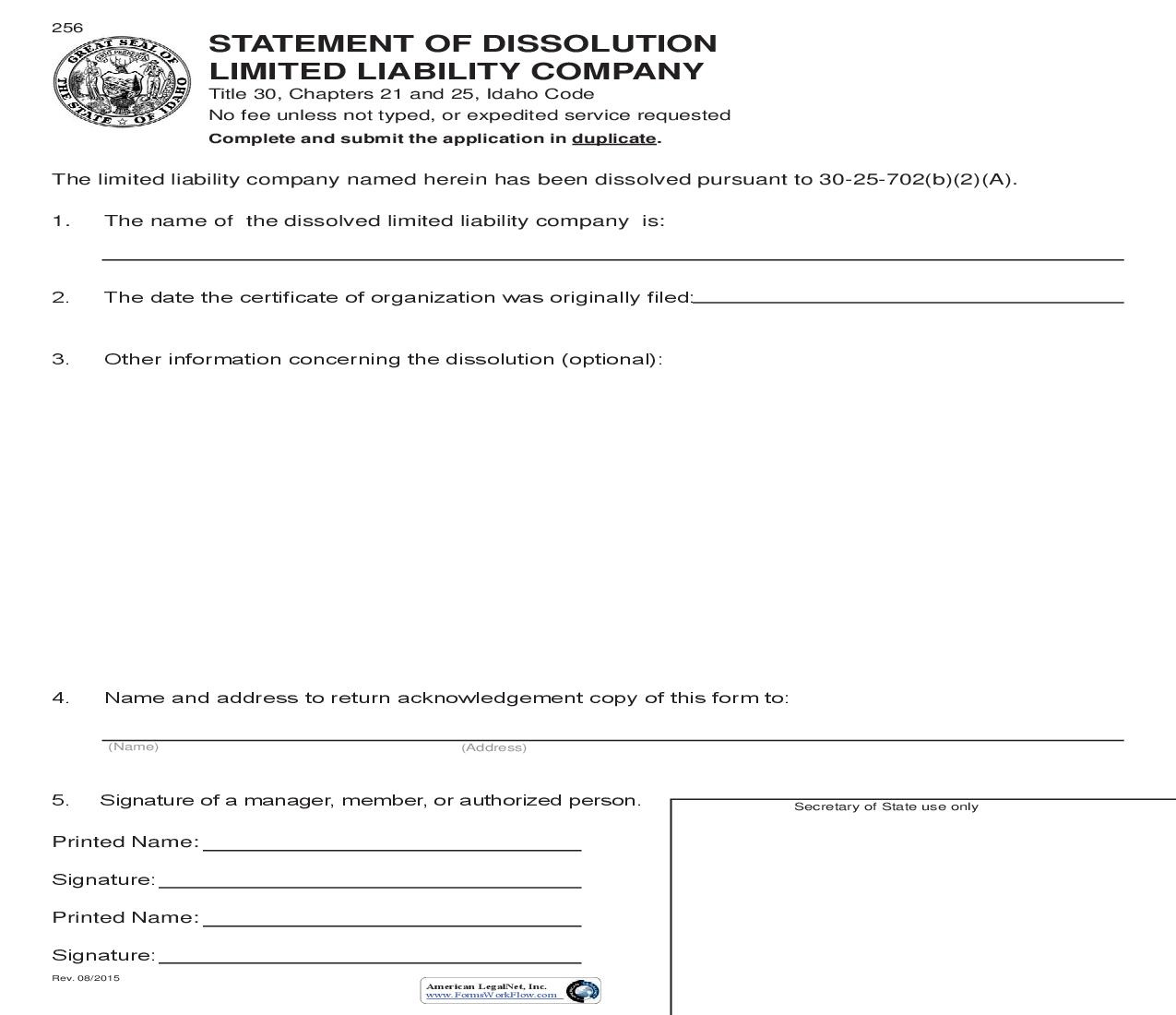 Statement Of Dissolution {256} |  | Idaho