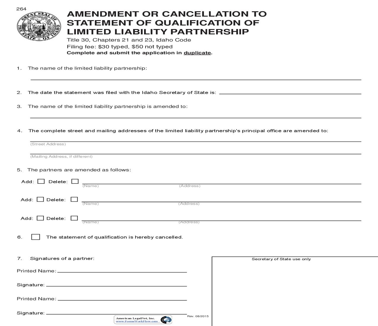 Amendment Or Cancellation To Statement Of Qualification Of LLP {264} |  | Idaho