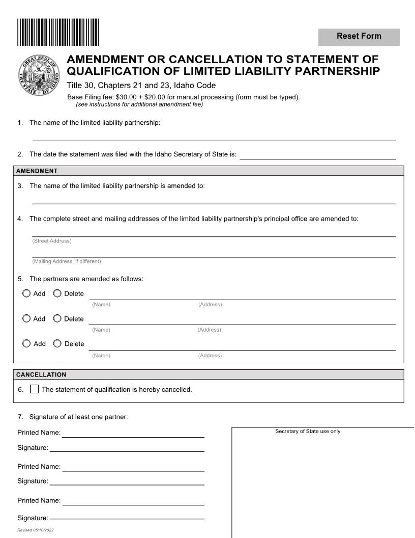 Amendment Or Cancellation To Statement Of Qualification Of LLP | Pdf Fpdf Docx | Idaho