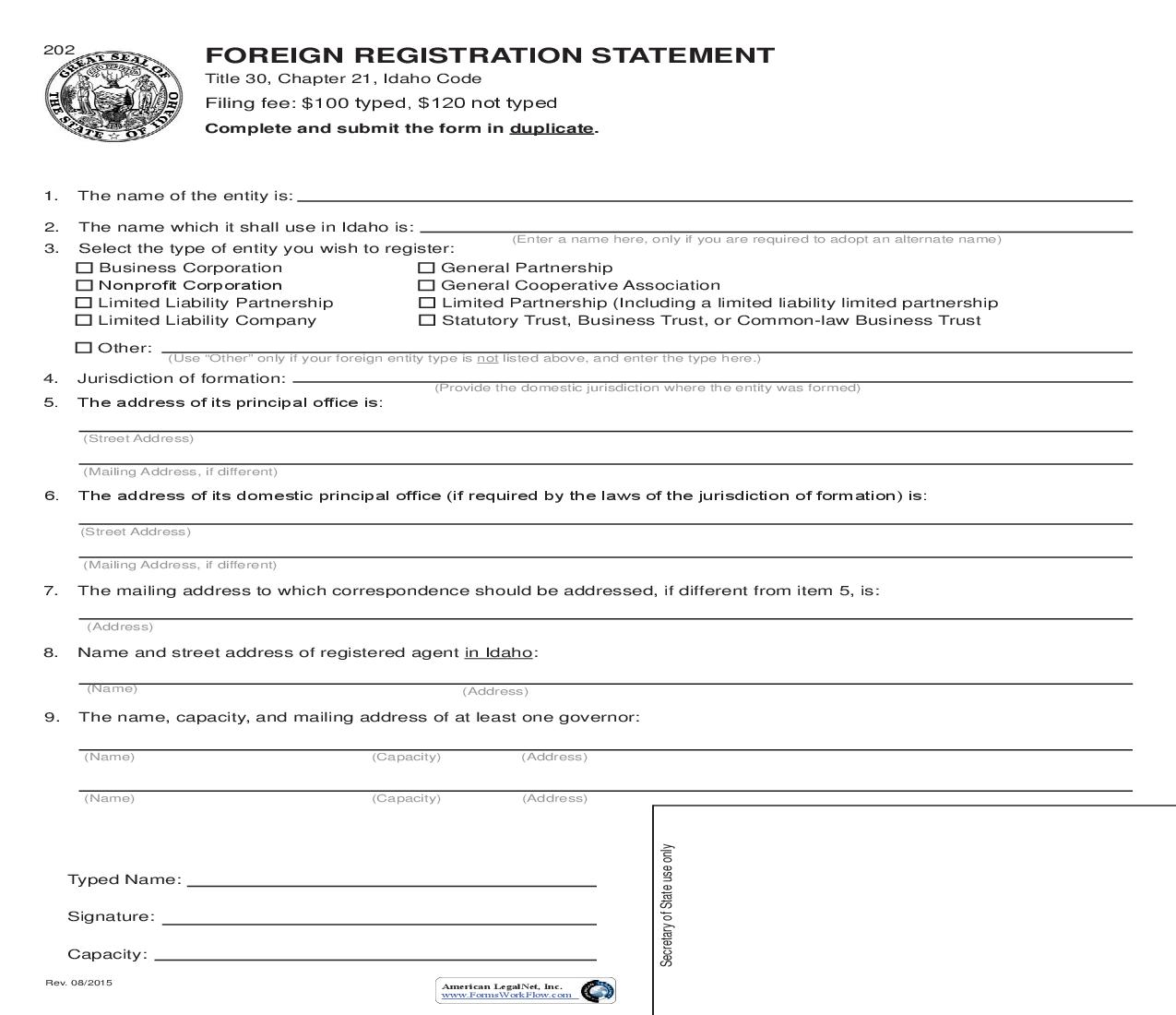 Foreign Registration Statement {202} |  | Idaho