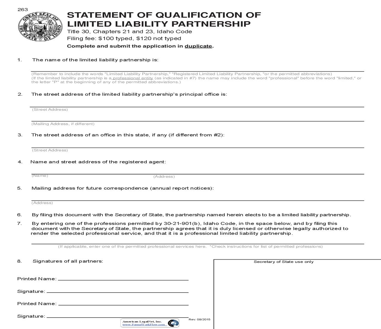 Statement Of Qualification Of Limited Liability Partnership {263} |  | Idaho