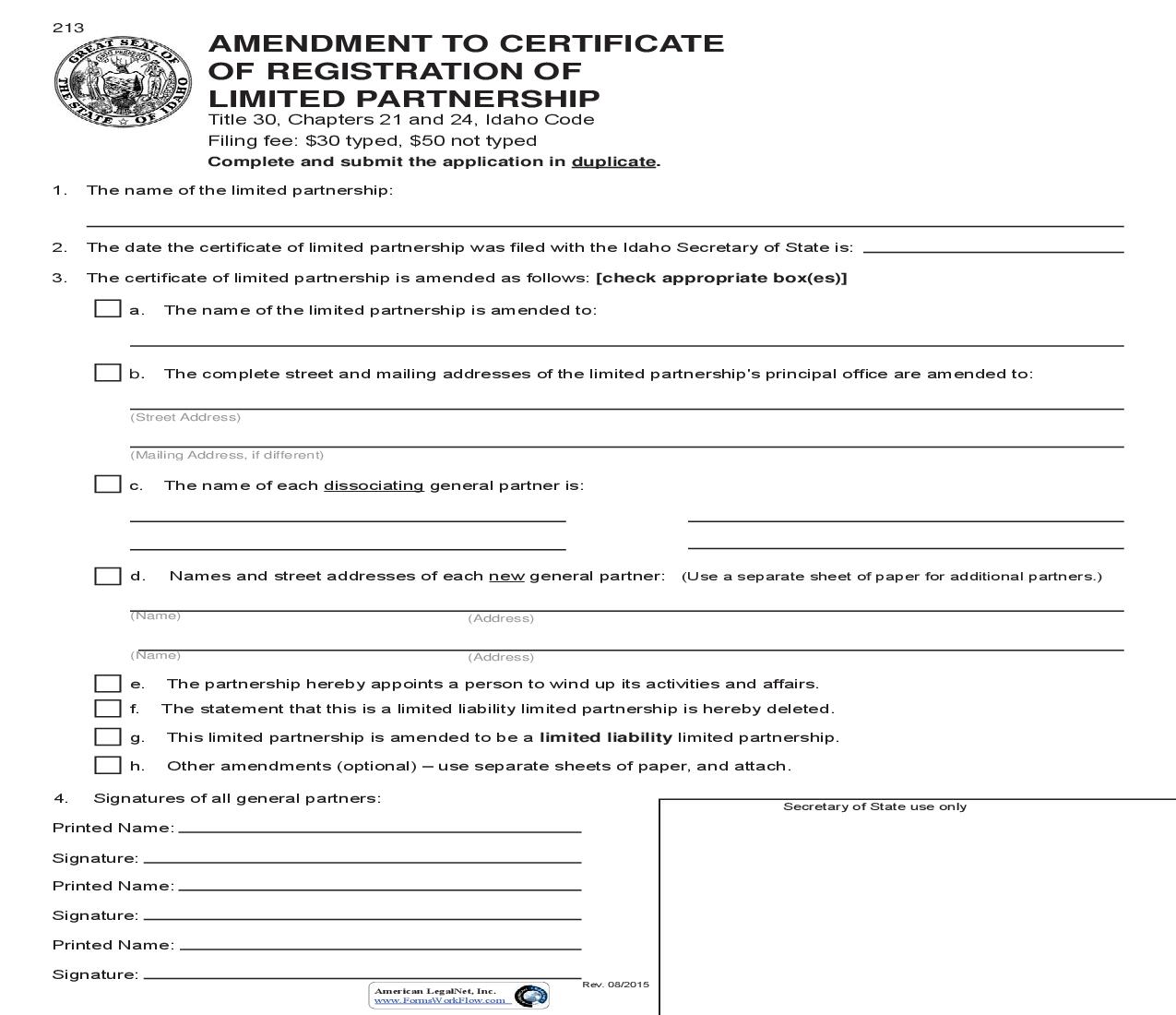 Amendment To Certificate Of Registration Of Limited Partnership {213} |  | Idaho