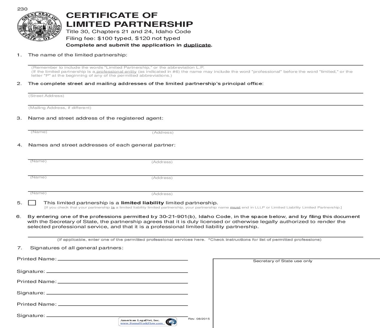 Certificate Of Limited Partnership {230} |  | Idaho