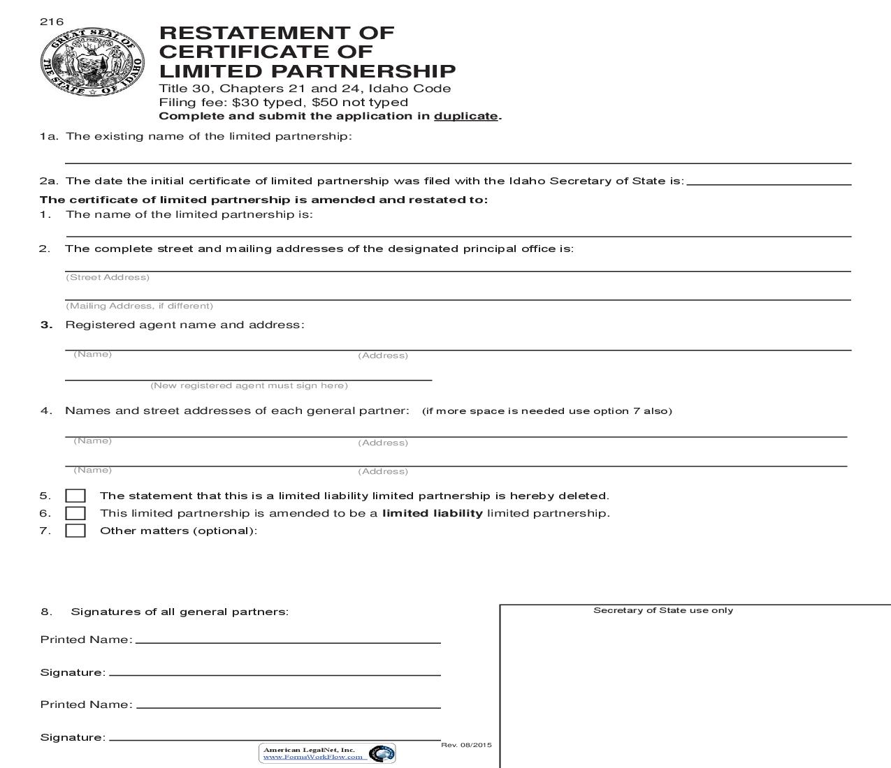 Restatement Of Certificate Of Limited Partnership {216} |  | Idaho